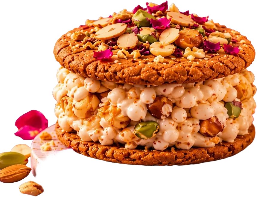 Thanda Stack — an ice cream dessert sandwich stacked between crunchy cookies with nuts and rose petals