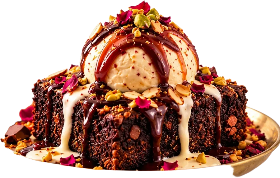 Thanda Brownie sundae with chocolate brownie, rose and pistachios