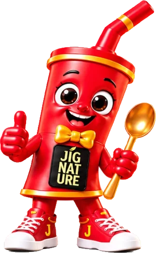 Jigi, the red JiGNature Jigarthanda cup mascot holding a golden spoon
