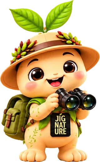 Nana, the explorer mascot with a leaf hat and binoculars