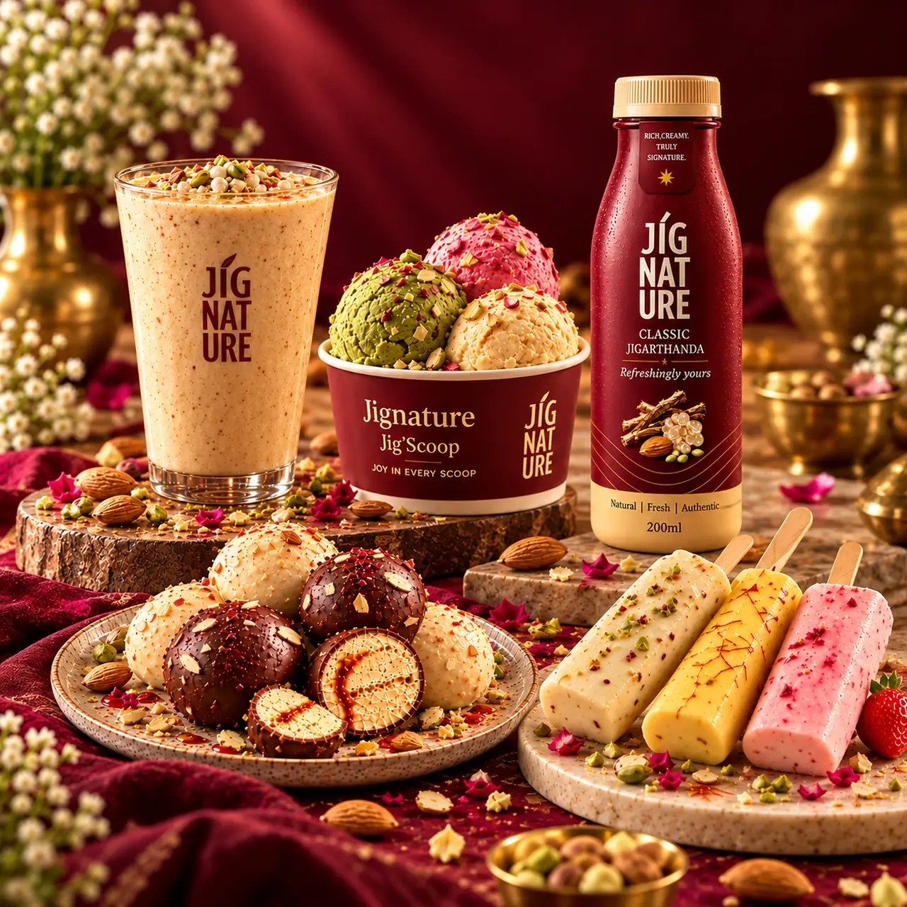 JiGNature product showcase with Jigarthanda, Jig'Scoop ice cream, a ready-to-drink bottle, dessert bites and kulfi
