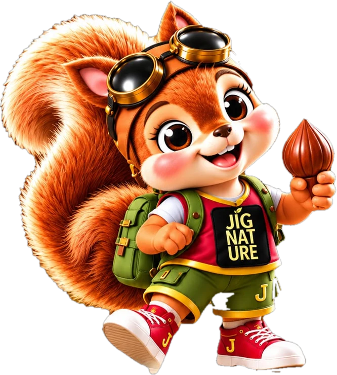 Nibi, the squirrel mascot with aviator goggles and a backpack