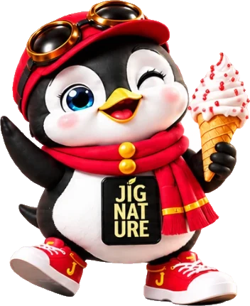 Pico, the penguin mascot in a red scarf holding an ice cream cone
