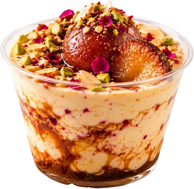 Thanda Gulab Jamun sundae with rose and pistachio