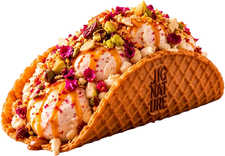 Thanda Fold — ice cream scoops in a folded JiGNature waffle taco with pistachios, almonds and rose petals