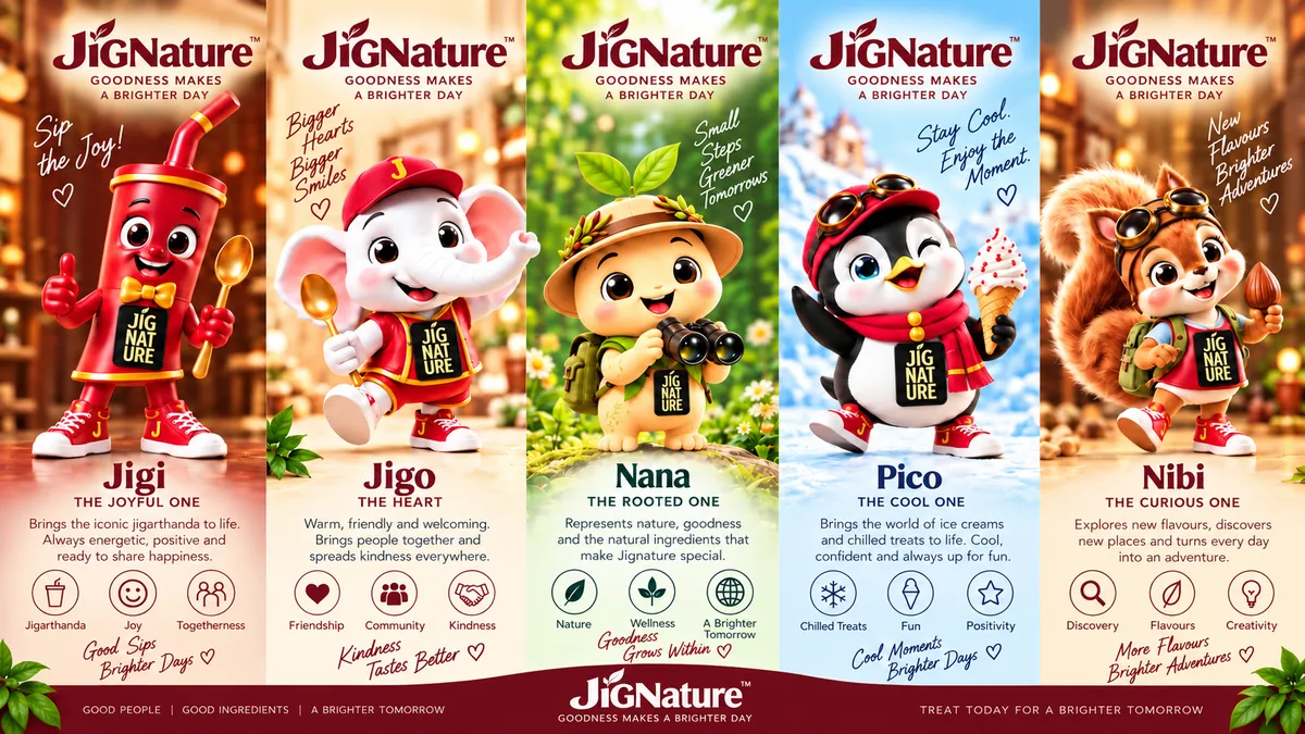 Jigi, Jigo, Nana, Pico and Nibi together — the five JiGNature mascots with their roles and values