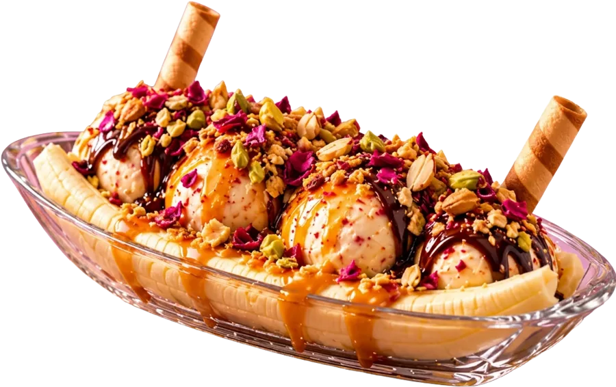 Thanda Royale Banana Boat — ice cream scoops on a banana in a glass boat dish with caramel and chocolate sauce