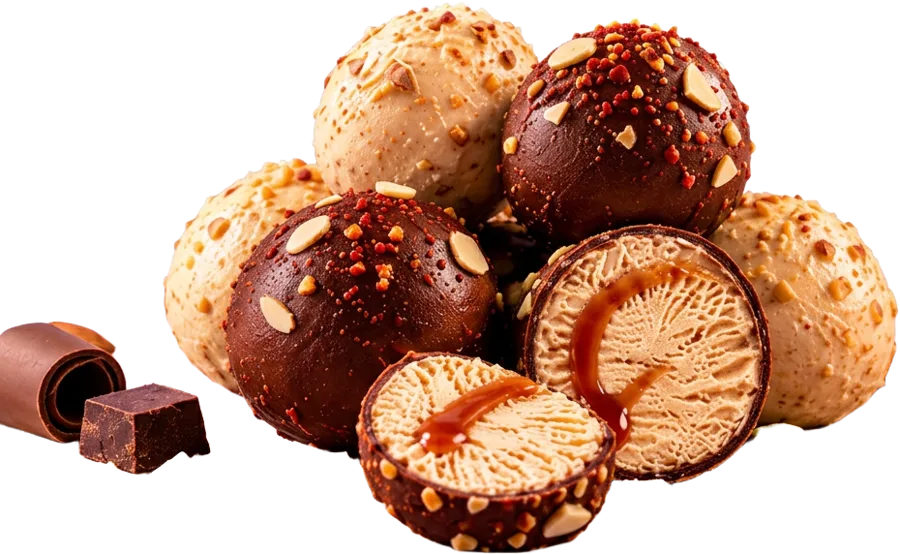Thanda Bites ice-cream bonbons, one cut open to show the caramel centre