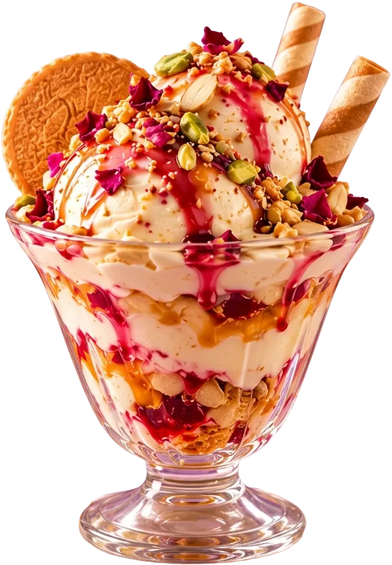 Thanda Sundae with lavender ice cream, rose petals and pistachios