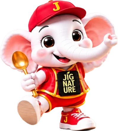 Jigo, the white baby elephant mascot in a red JiGNature cap and vest