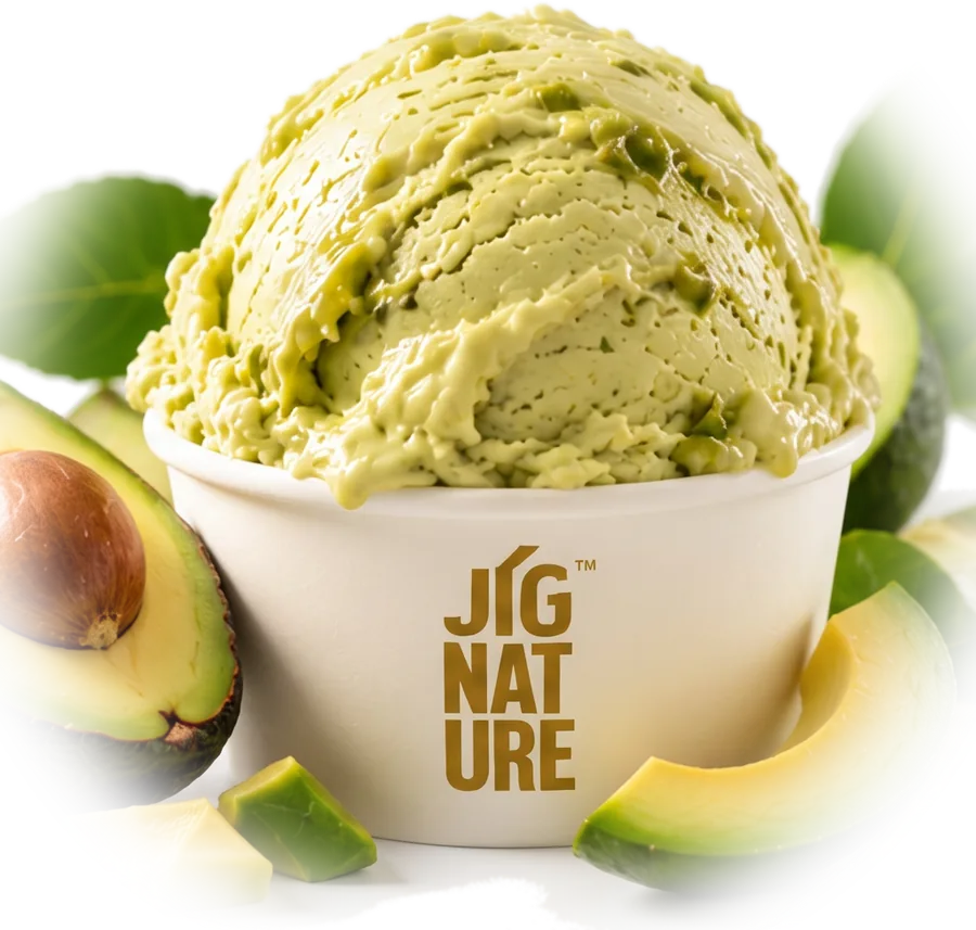 Tub of Jig'Scoop Avocado ice cream with fresh avocado pieces