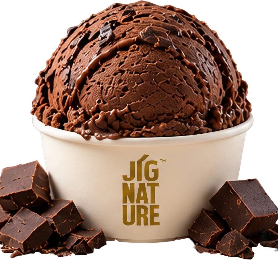 Tub of Jig'Scoop Belgian Chocolate ice cream with chocolate chunks