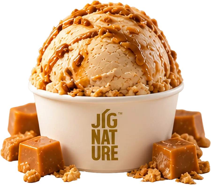 Tub of Jig'Scoop Butterscotch ice cream with caramel drizzle and butterscotch cubes