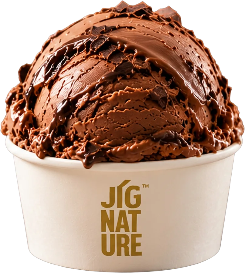 Tub of Jig'Scoop Chocolate ice cream with chocolate chunks and sauce