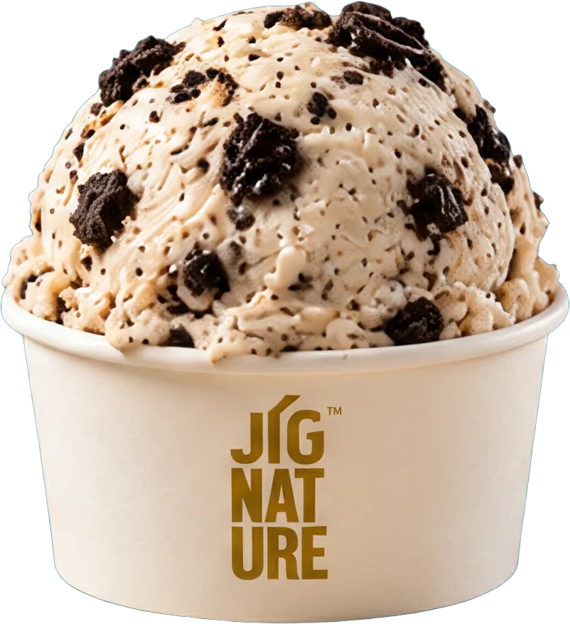 Tub of Jig'Scoop Cookies & Cream ice cream with cookie pieces