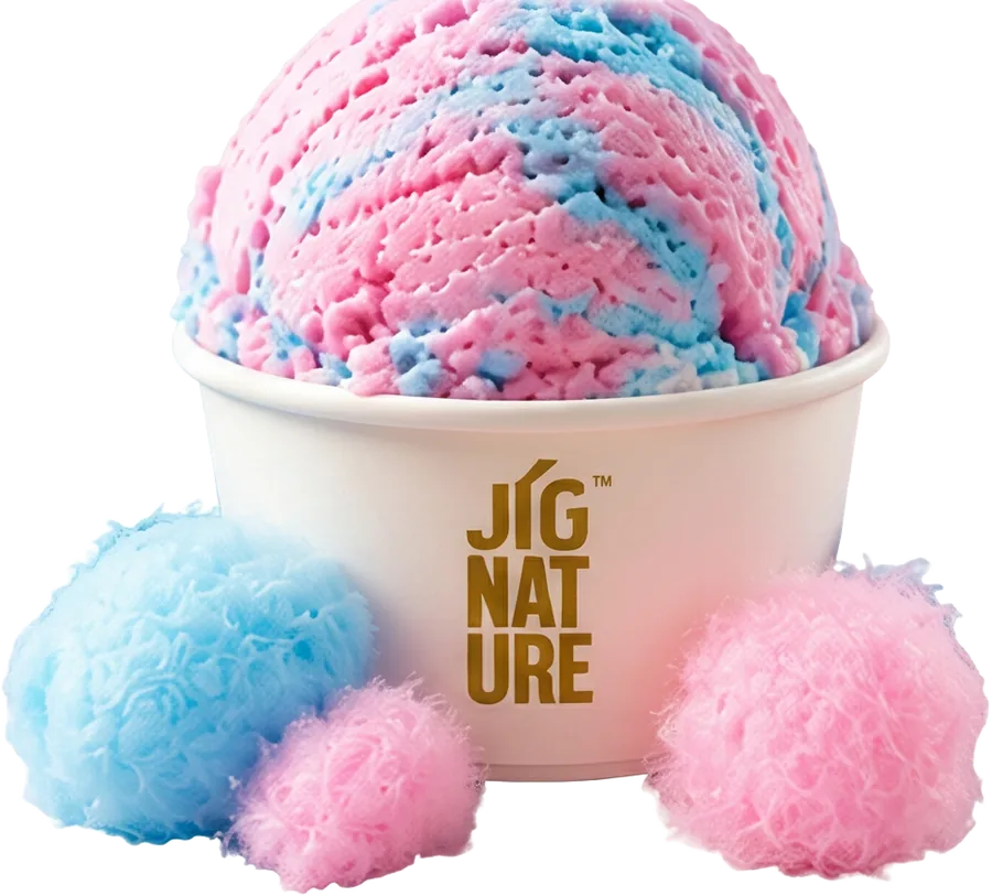Tub of Jig'Scoop Cotton Candy ice cream with pink and blue candy floss
