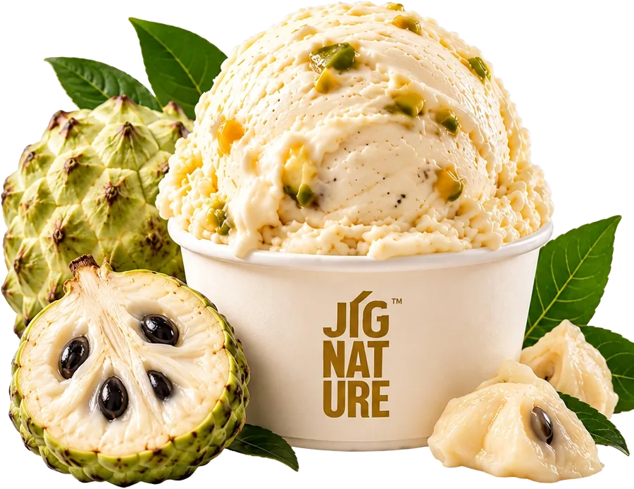Tub of Jig'Scoop Custard Apple ice cream with fresh custard apple pieces