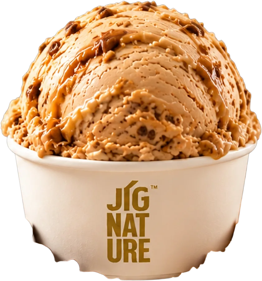Tub of Jig'Scoop Dolce Latte ice cream with caramel drizzle
