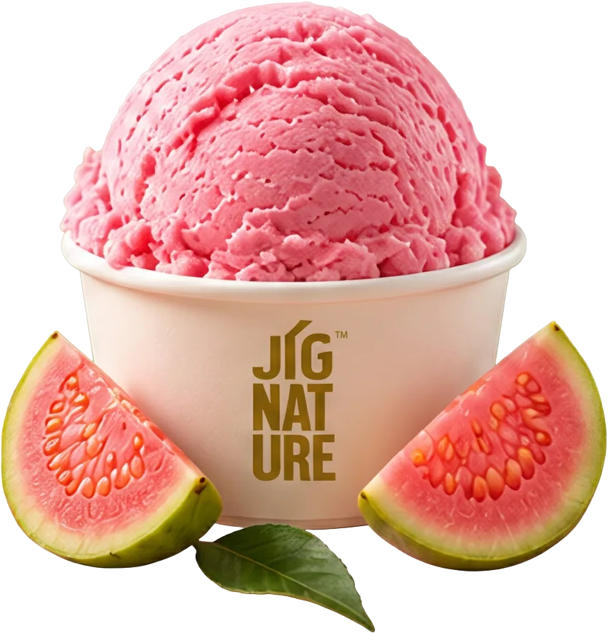 Tub of Jig'Scoop Guava ice cream with fresh guava slices