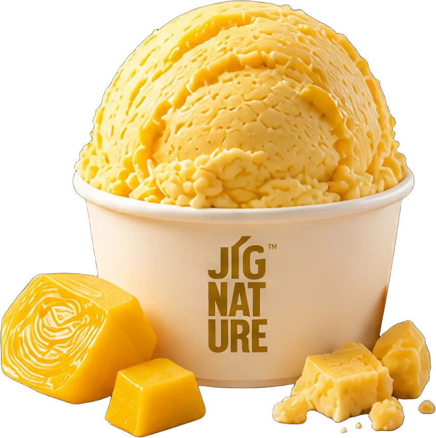 Tub of Jig'Scoop Jackfruit ice cream with jackfruit pieces