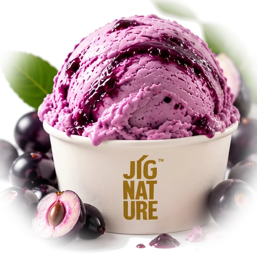 Tub of Jig'Scoop Jamun ice cream with jamun syrup swirls