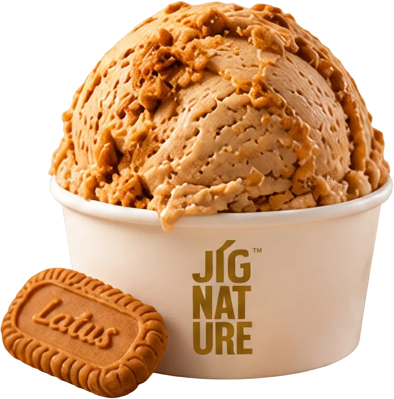 Tub of Jig'Scoop Lotus Biscoff ice cream with a Lotus biscuit