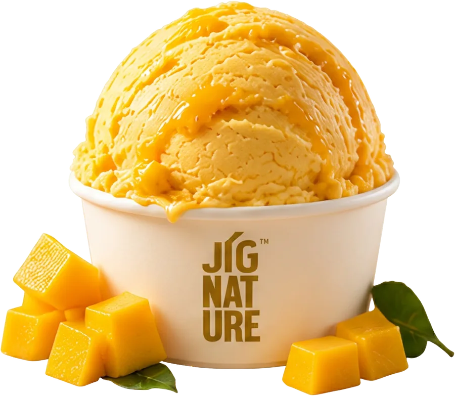 Tub of Jig'Scoop Mango ice cream with fresh mango