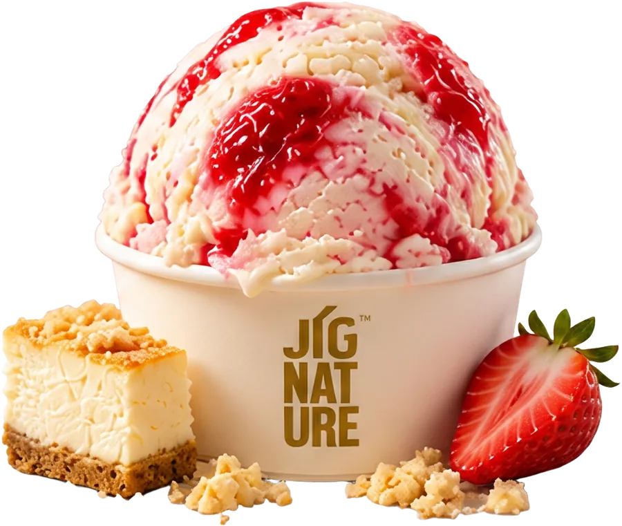 Tub of Jig'Scoop Strawberry Cheesecake ice cream with cheesecake and strawberry