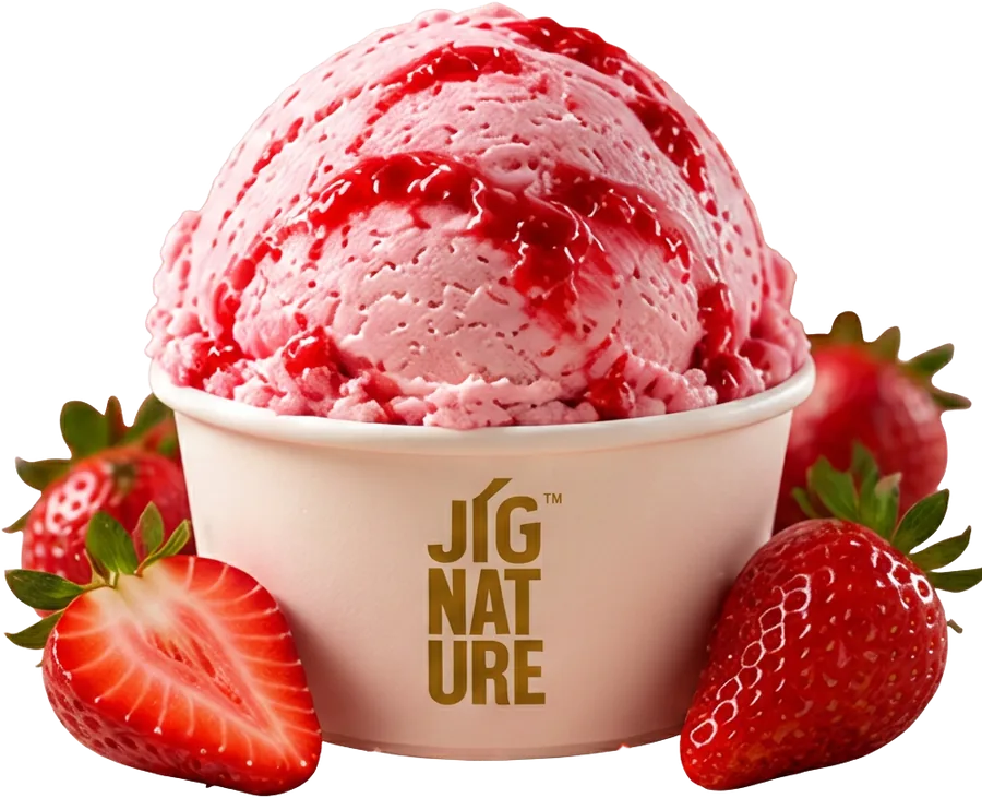 Tub of Jig'Scoop Strawberry ice cream with strawberry swirls