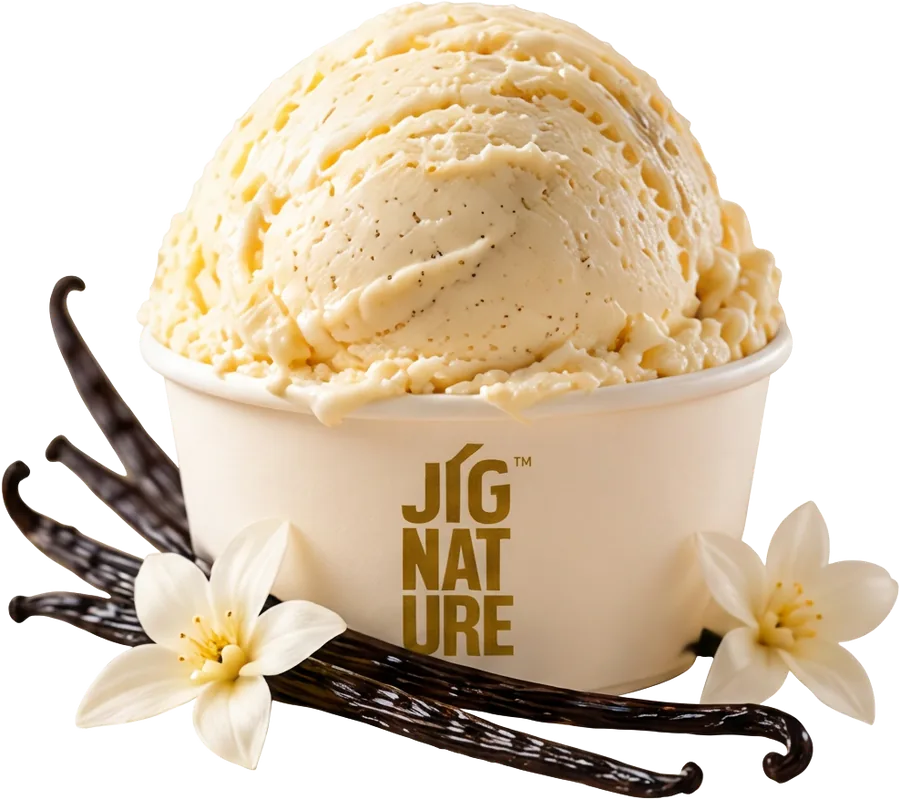 Tub of Jig'Scoop Vanilla ice cream with vanilla beans