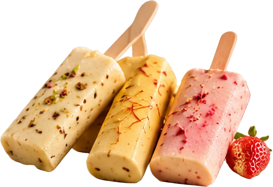 Three Thanda Kulfi popsicles — pista, saffron and strawberry — on a plate